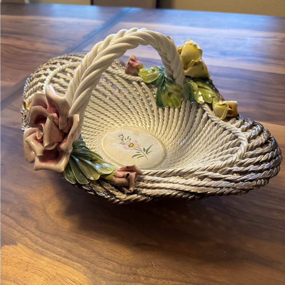 Vintage Floral Ceramic Basket 🌸 Cottagecore Woven Style Centerpiece Decor